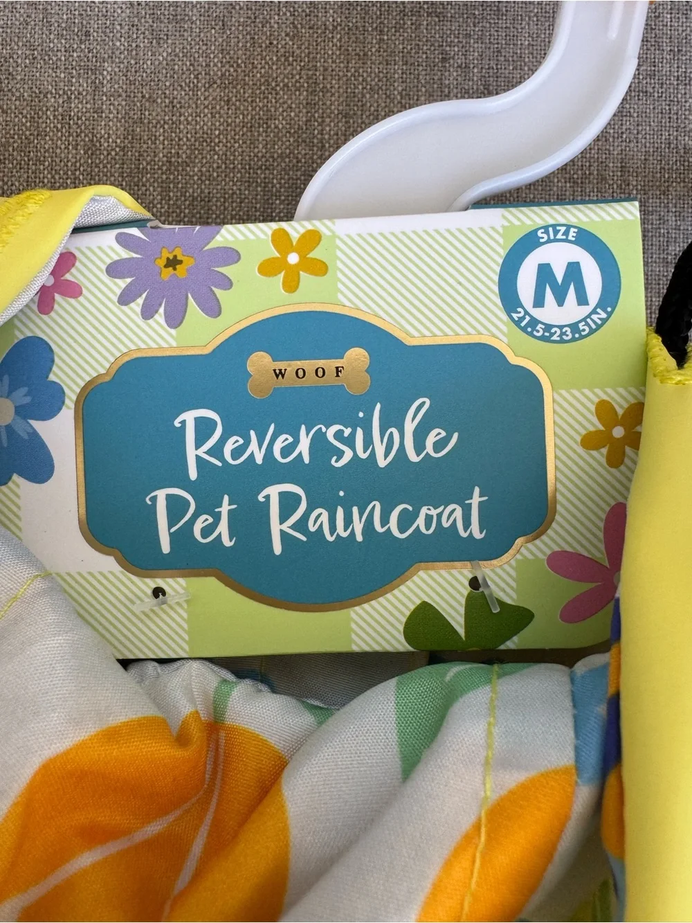 Wood, Reversible, Yellow, Pet Raincoat with Floral Trim, Size Medium